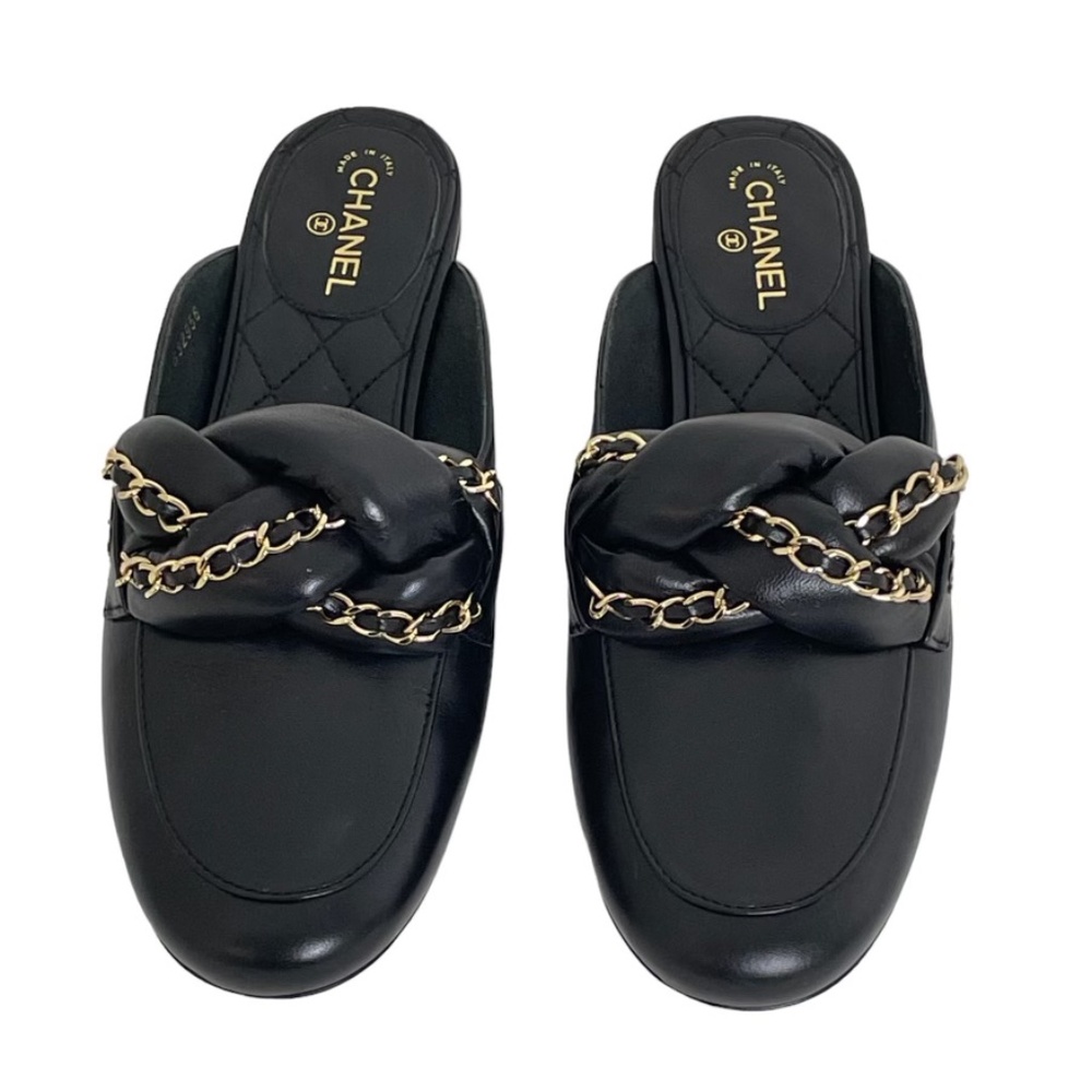 CHANEL Black Leather Chain-Embellished Mules
